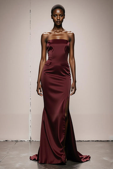 Burgundy Mermaid Strapless Satin Long Evening Dress